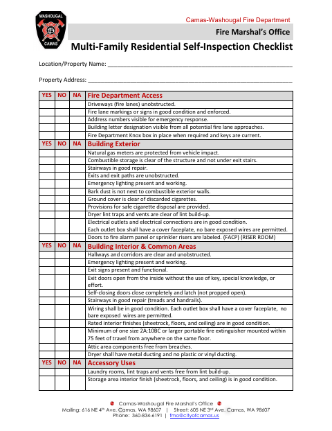 First page of the Multi-Family Residential Self-Inspection Checklist