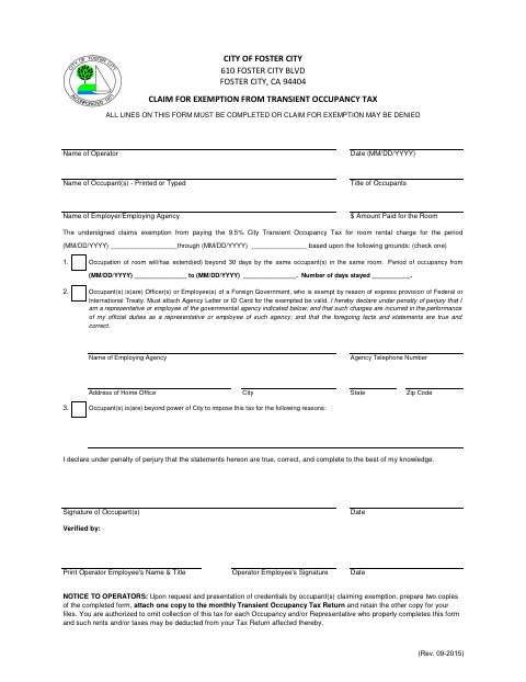 First page of the Claim for Exemption from Transient Occupancy Tax