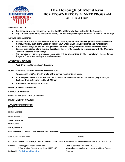 First page of the Hometown Heroes Banner Program Application