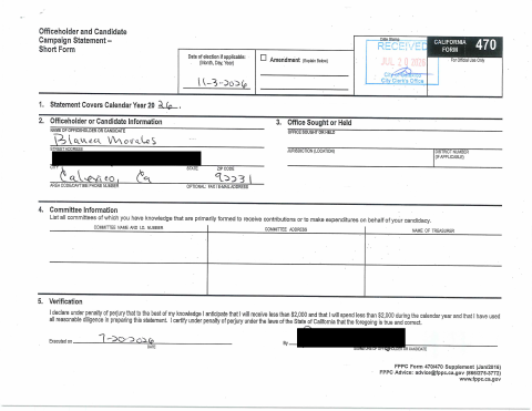 First page of the Form 470 Short Campaign Statement
