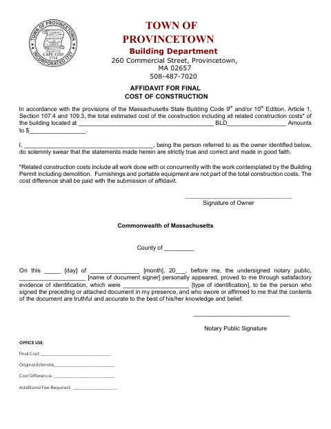 First page of the Affidavit for Final Cost of Construction