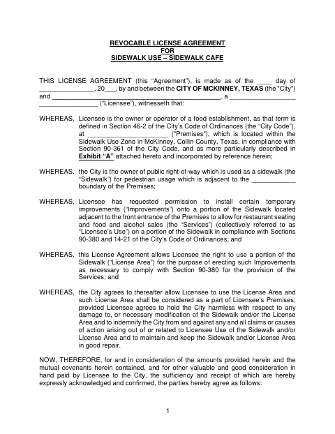 First page of the Revocable License Agreement for Sidewalk Use – Sidewalk Cafe