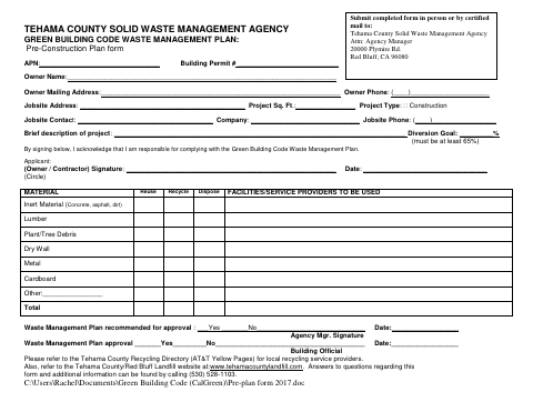 First page of the Green Building Code Waste Management Plan: Pre-Construction Plan Form