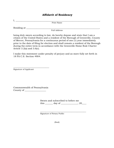 First page of the Affidavit of Residency