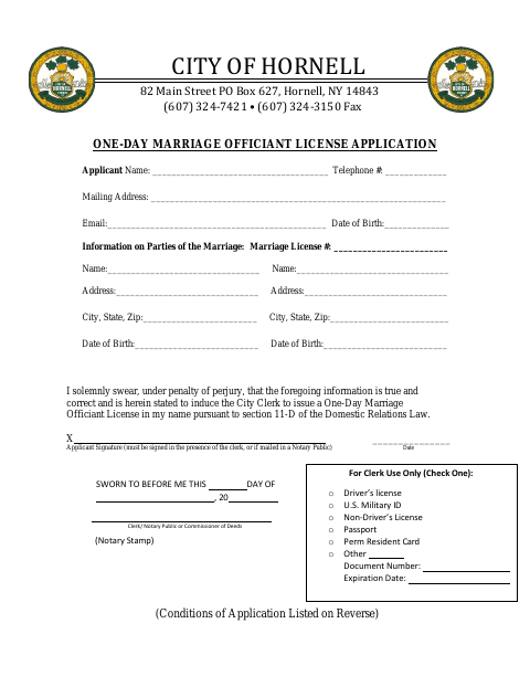 First page of the One-Day Marriage Officiant License Application