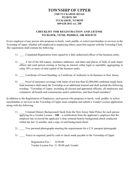 First page of the Checklist for Registration and License to Hawk, Vend, Peddle, or Solicit