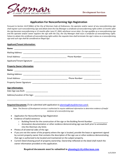 First page of the Application for Nonconforming Sign Registration