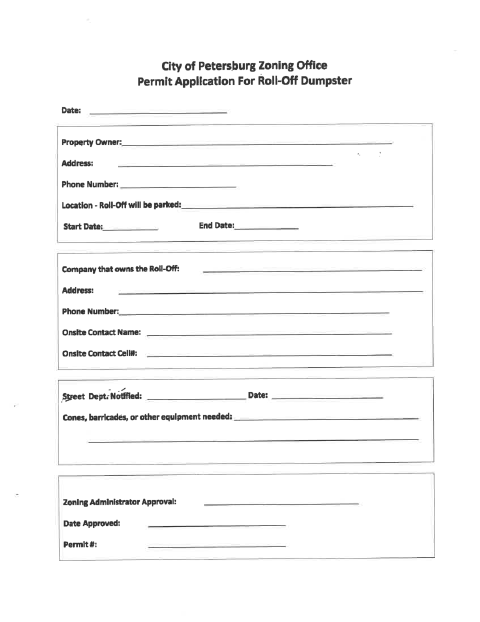First page of the Roll-Off Dumpster Permit Application