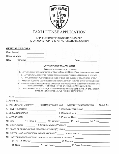 First page of the Taxi License Application