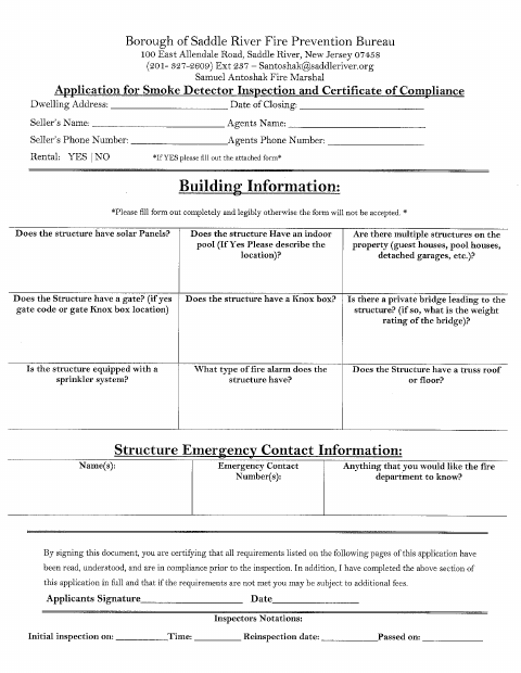 First page of the Smoke Detector Inspection and Certificate of Compliance Application