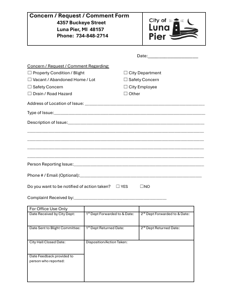First page of the Concern / Request / Comment Form