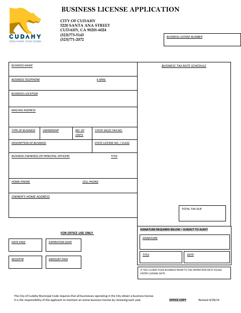 First page of the Business License Application