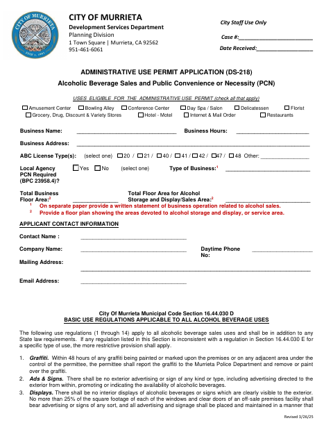 First page of the Administrative Use Permit Application for Alcohol Sales