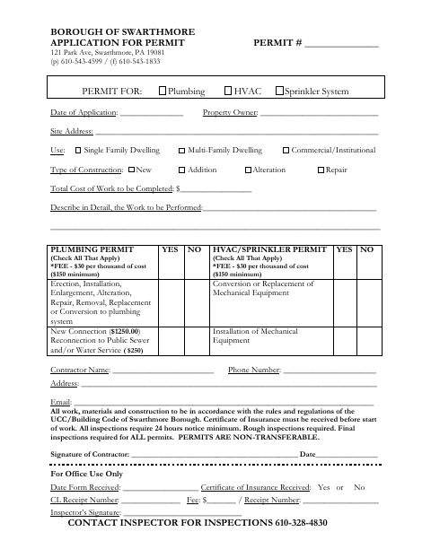First page of the Plumbing, HVAC, and Sprinkler Permit Application