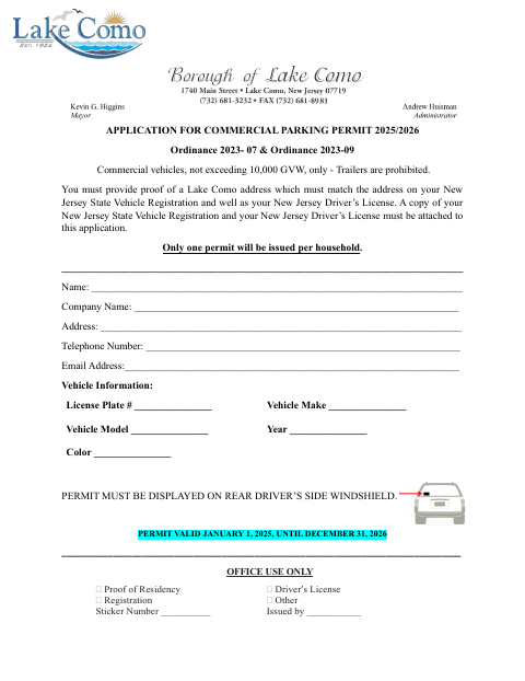 First page of the Application for Commercial Parking Permit