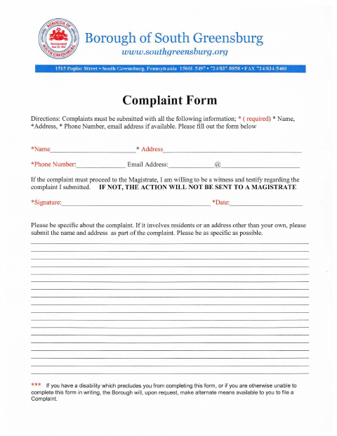 First page of the Ordinance Complaint Form