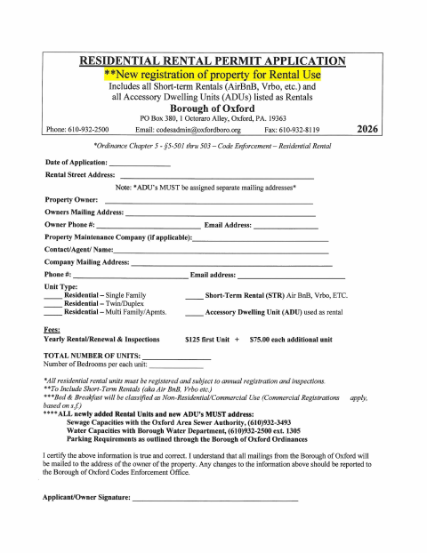 First page of the Residential Rental Permit Application