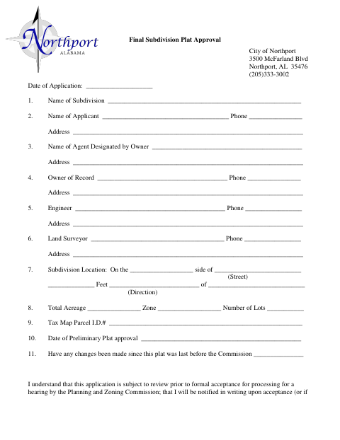 First page of the Final Subdivision Plat Application and Checklist