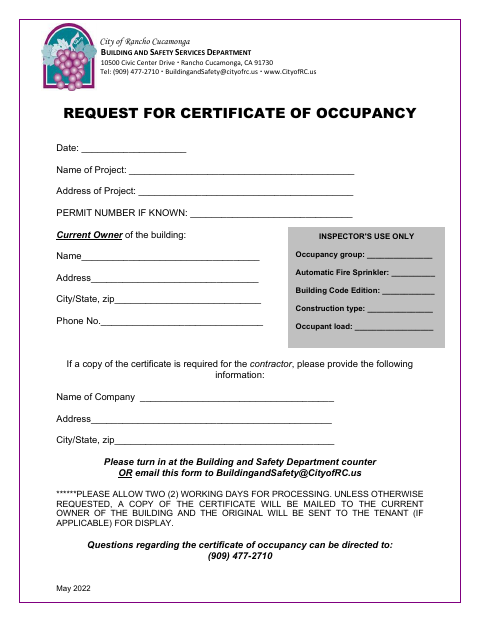 First page of the Request for Certificate of Occupancy