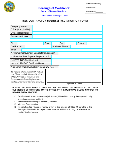 First page of the Tree Contractor Business Registration Form