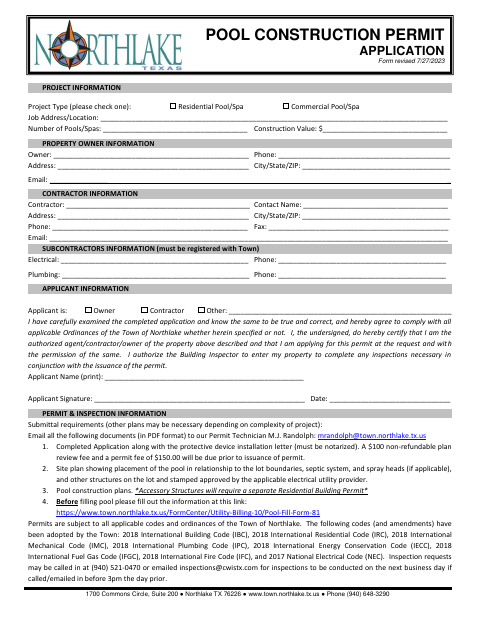 First page of the Pool Construction Permit Application