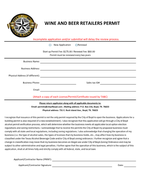 First page of the Wine and Beer Retailers Permit Application