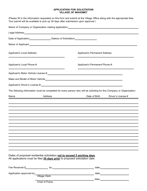 First page of the Application for Solicitation