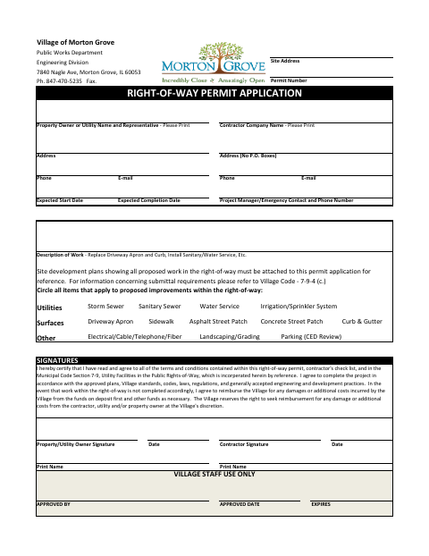 First page of the Right of Way Permit Application