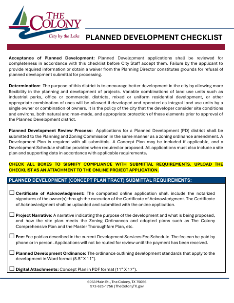 First page of the Planned Development Amendment Checklist
