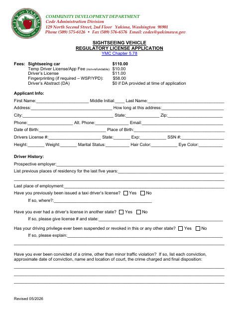 First page of the Sightseeing Vehicle Regulatory License Application
