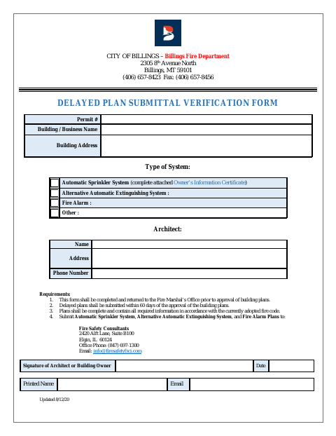 First page of the Delayed Plan Submittal Verification Form