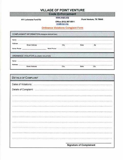 First page of the Ordinance Violations Complaint Form