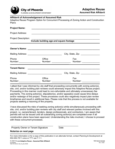 First page of the Adaptive Reuse Assumed Risk Affidavit