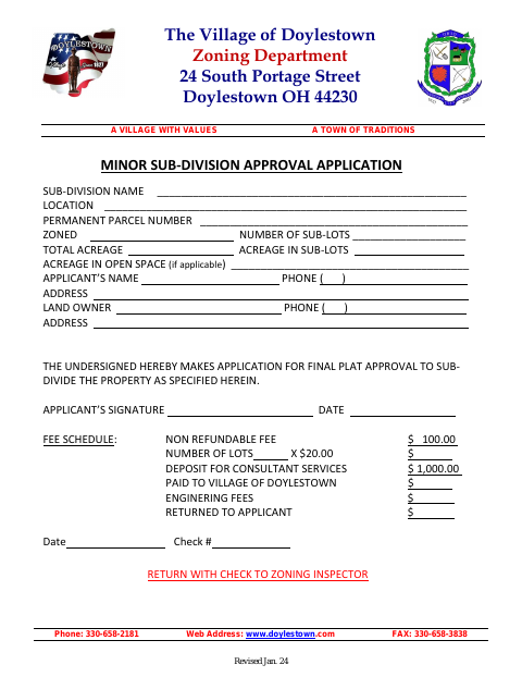 First page of the Minor Subdivision Approval Application