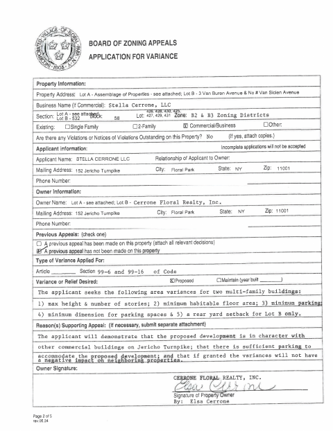 First page of the Board of Zoning Appeals Application for Variance