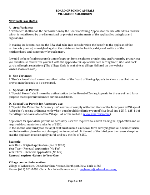 First page of the Board of Zoning Appeals Application