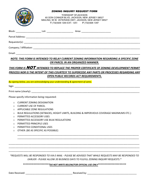First page of the Zoning Inquiry Request Form