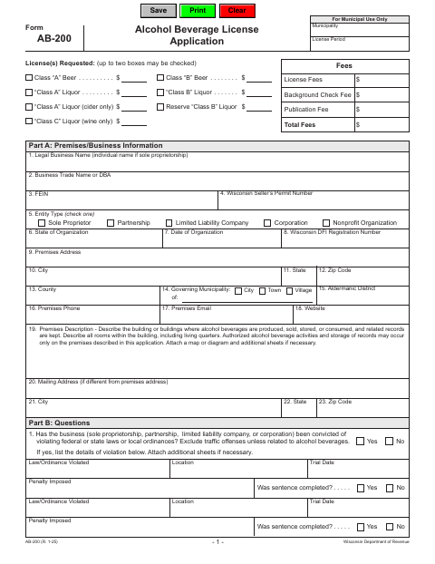 First page of the Alcohol Beverage License Application
