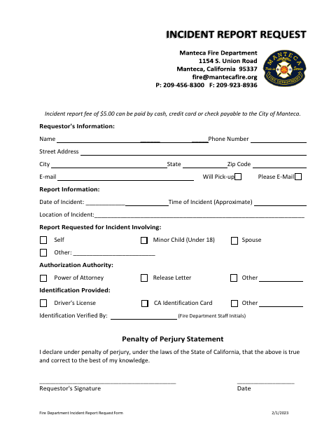First page of the Fire Department Incident Report Request Form