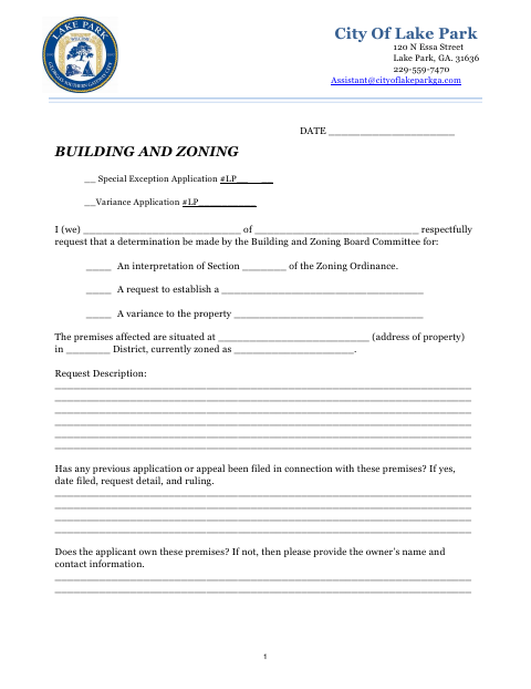 First page of the Variance or Special Exception Application