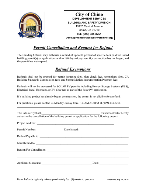 First page of the Permit Cancellation and Request for Refund