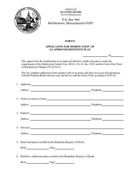 First page of the Application for Modification of an Approved Definitive Plan