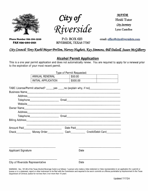 First page of the Alcohol Permit Application