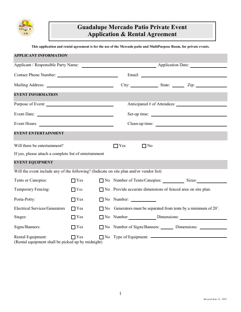 First page of the Mercado Patio Private Event Rental Agreement