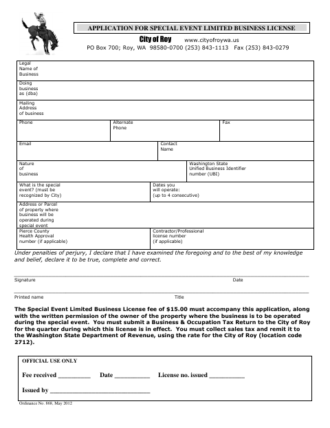 First page of the Application for Special Event Limited Business License