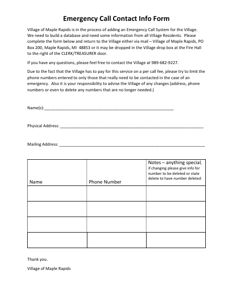 First page of the Emergency Call Contact Info Form