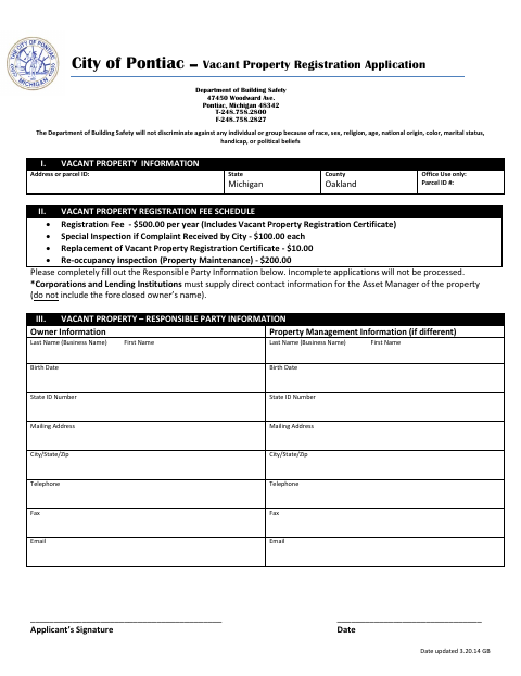First page of the Vacant Property Registration Application