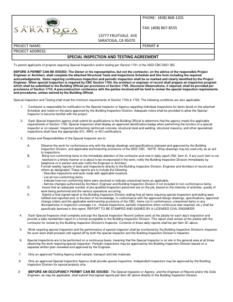 First page of the Special Inspection and Testing Agreement