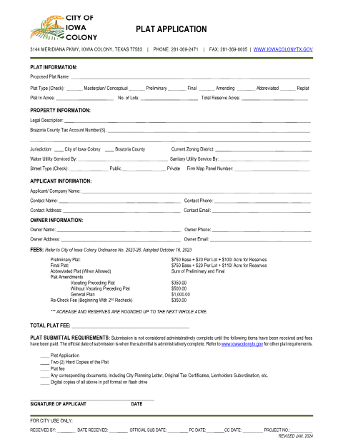First page of the Plat Application