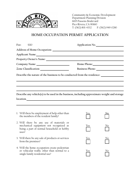 First page of the Home Occupation Application